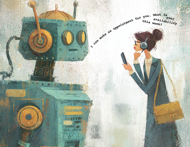 A virtual assistant robot is offering to make an appointment for the business woman.