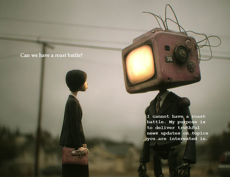 girl asking a robot if it wants to have a roast battle, the robot is responding that it is only for delivering truthful news to her